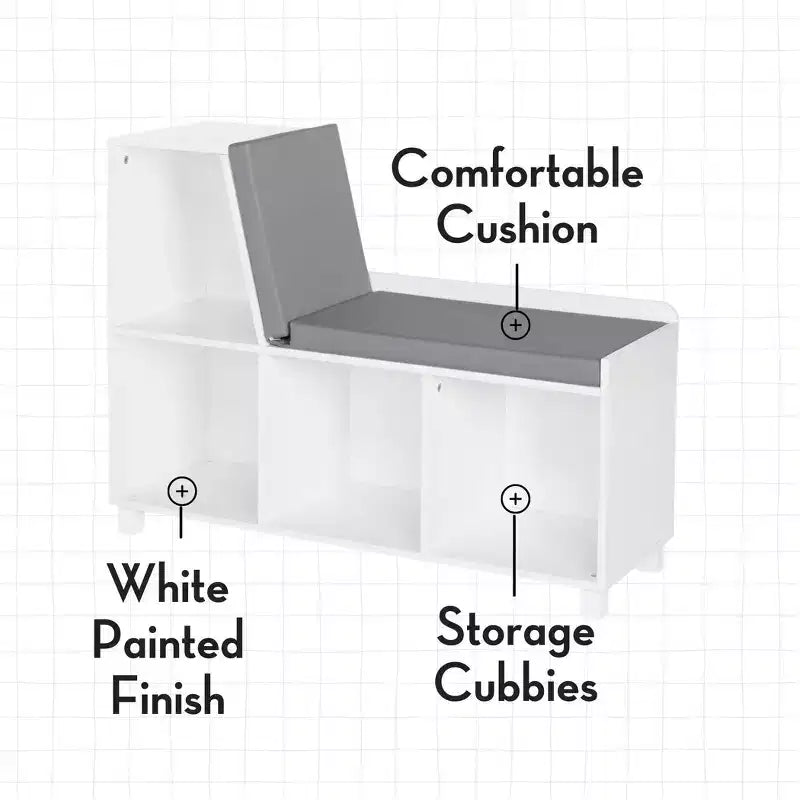 RiverRidge Kids' Reading Nook Cushioned Toy Storage Bench with Cubby Organizers and 2 10" Floating Bookshelves White