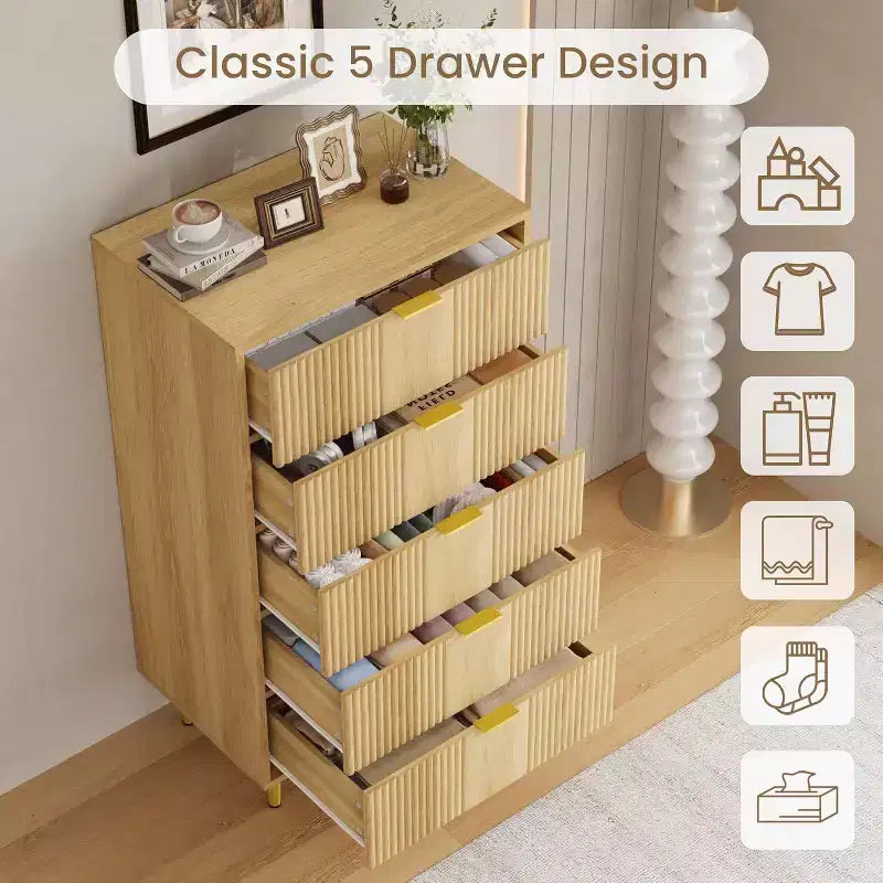 Fluted 4/5/6 Drawer Dresser for Bedroom, Large Storage Wooden Dresser with Metal Handles, Modern Chest of Drawers for Living Room