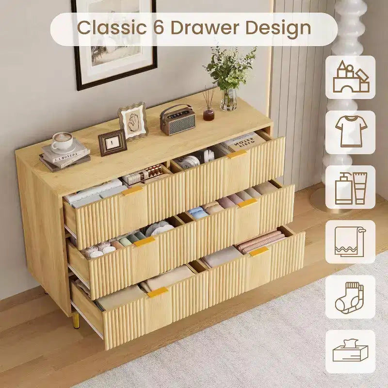 Fluted 4/5/6 Drawer Dresser for Bedroom, Large Storage Wooden Dresser with Metal Handles, Modern Chest of Drawers for Living Room