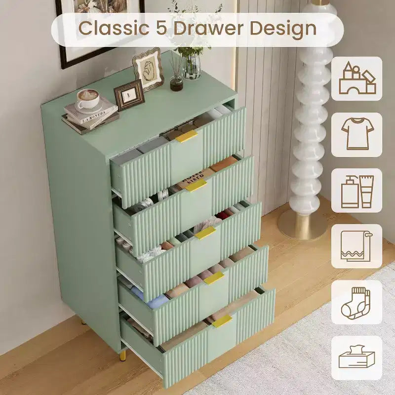 Fluted 4/5/6 Drawer Dresser for Bedroom, Large Storage Wooden Dresser with Metal Handles, Modern Chest of Drawers for Living Room