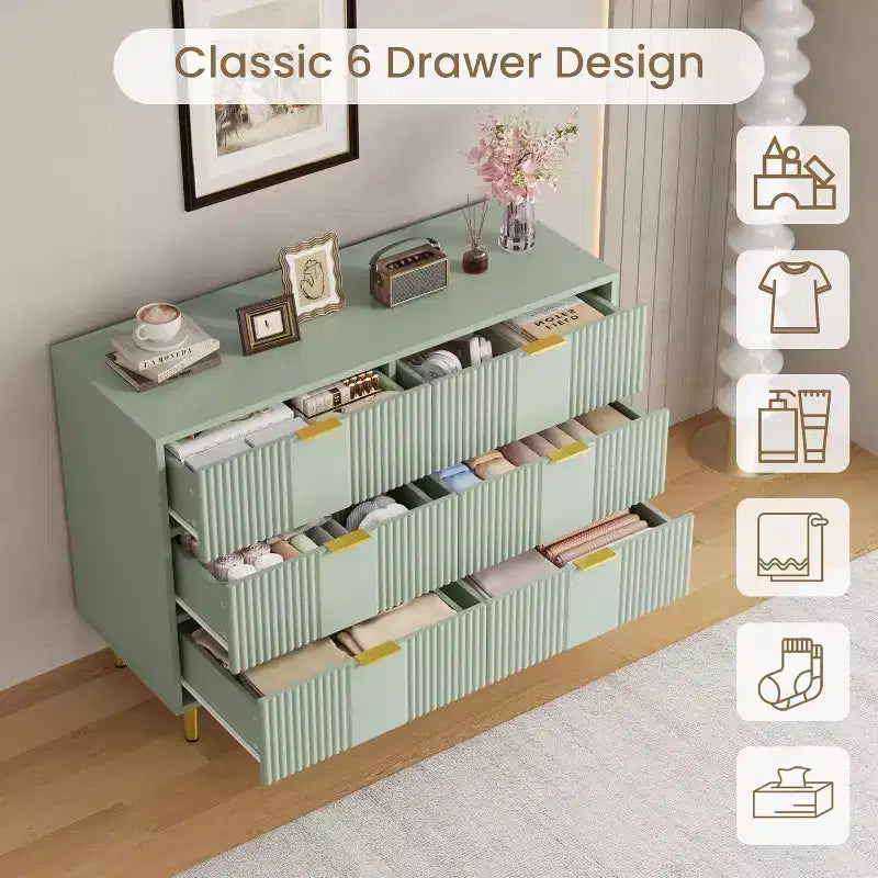Fluted 4/5/6 Drawer Dresser for Bedroom, Large Storage Wooden Dresser with Metal Handles, Modern Chest of Drawers for Living Room