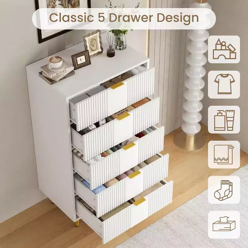 Fluted 4/5/6 Drawer Dresser for Bedroom, Large Storage Wooden Dresser with Metal Handles, Modern Chest of Drawers for Living Room