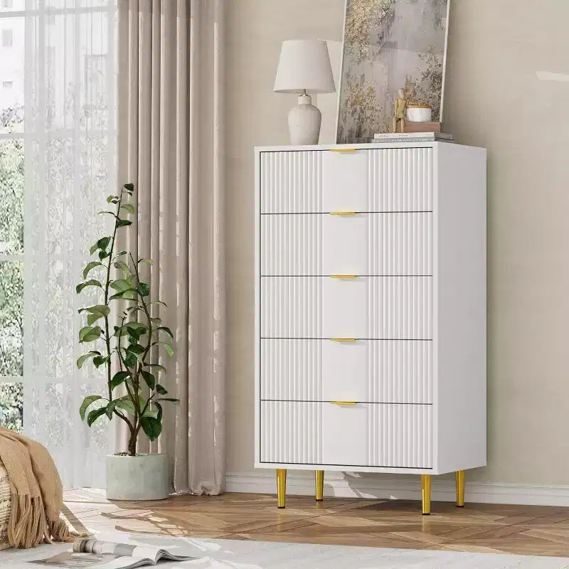 Fluted 4/5/6 Drawer Dresser for Bedroom, Large Storage Wooden Dresser with Metal Handles, Modern Chest of Drawers for Living Room