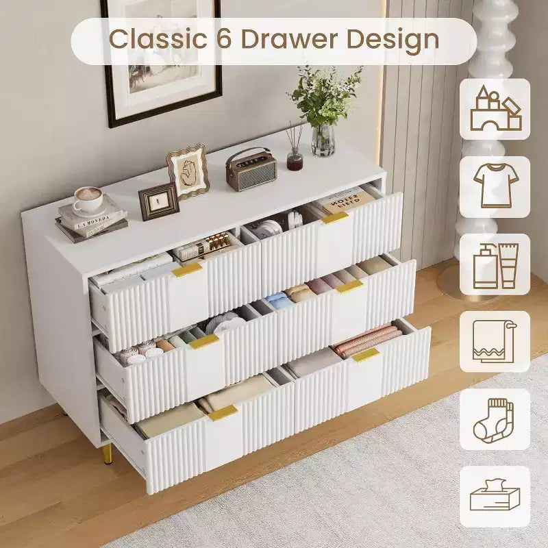 Fluted 4/5/6 Drawer Dresser for Bedroom, Large Storage Wooden Dresser with Metal Handles, Modern Chest of Drawers for Living Room