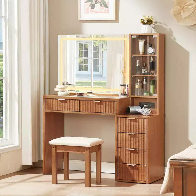 BALHAM TRADE-43.5'' Fluted Wood Makeup Vanity Set with Mirror Lights Stool 6 Drawers Adjustable