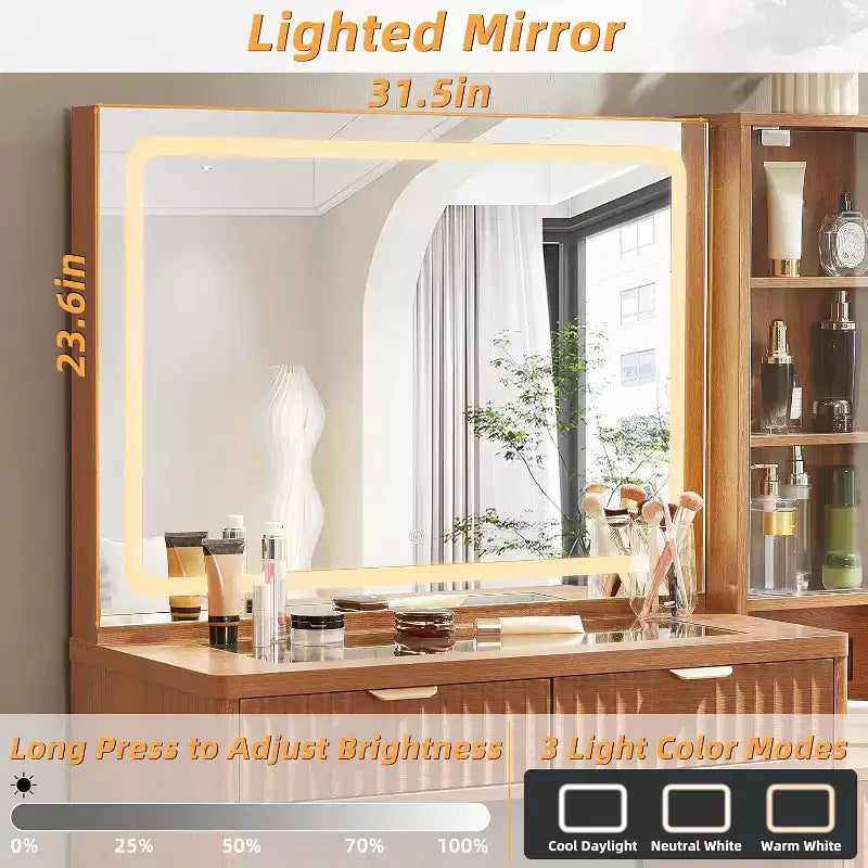 BALHAM TRADE-43.5'' Fluted Wood Makeup Vanity Set with Mirror Lights Stool 6 Drawers Adjustable