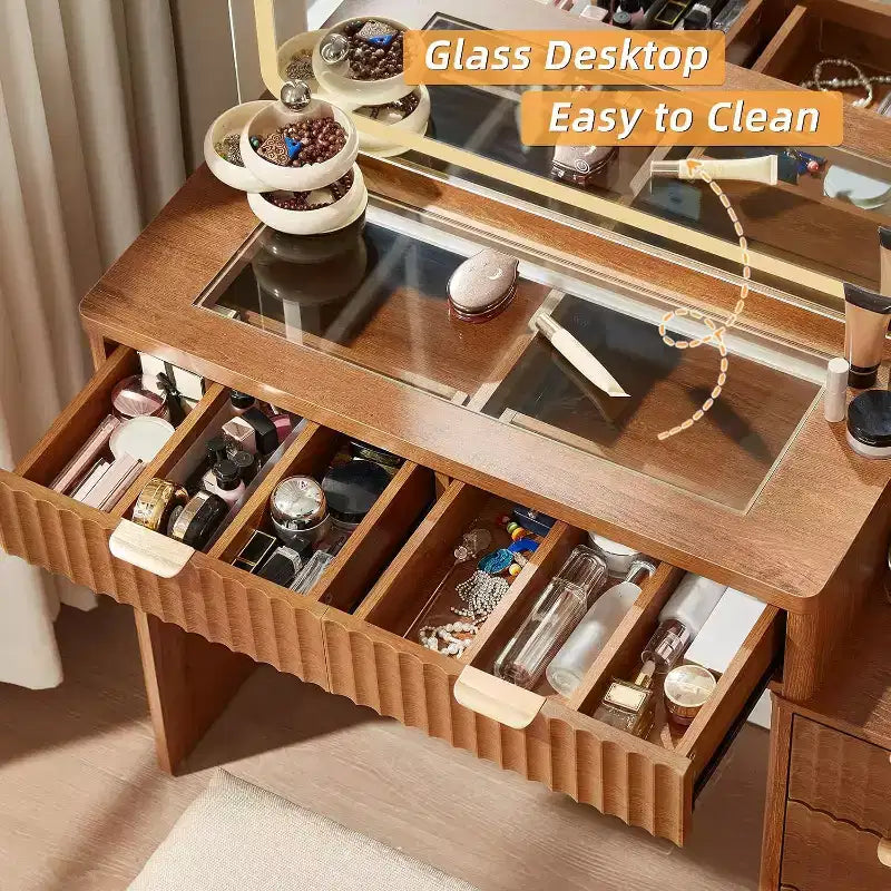 BALHAM TRADE-43.5'' Fluted Wood Makeup Vanity Set with Mirror Lights Stool 6 Drawers Adjustable