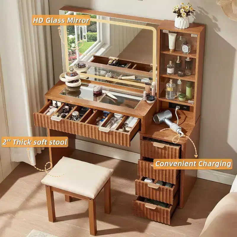 BALHAM TRADE-43.5'' Fluted Wood Makeup Vanity Set with Mirror Lights Stool 6 Drawers Adjustable