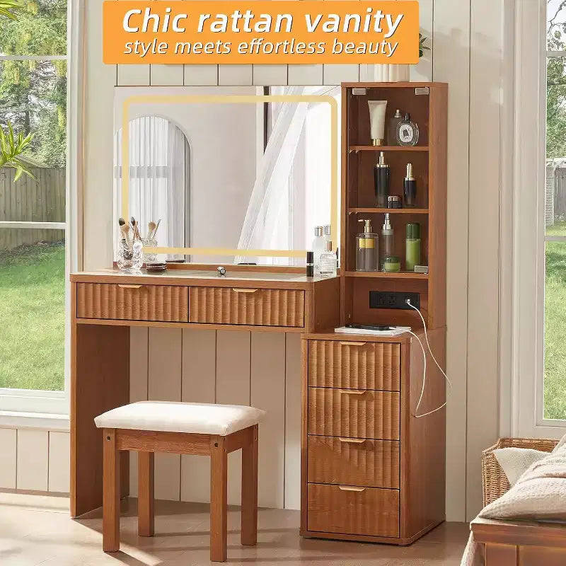 BALHAM TRADE-43.5'' Fluted Wood Makeup Vanity Set with Mirror Lights Stool 6 Drawers Adjustable