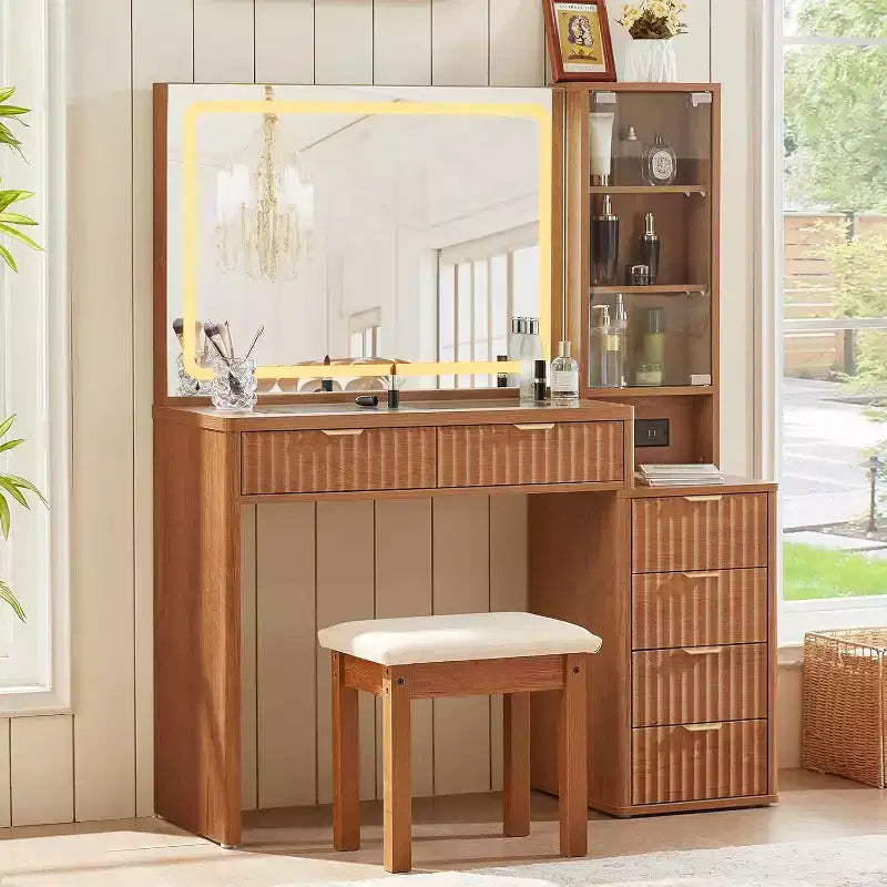 BALHAM TRADE-43.5'' Fluted Wood Makeup Vanity Set with Mirror Lights Stool 6 Drawers Adjustable