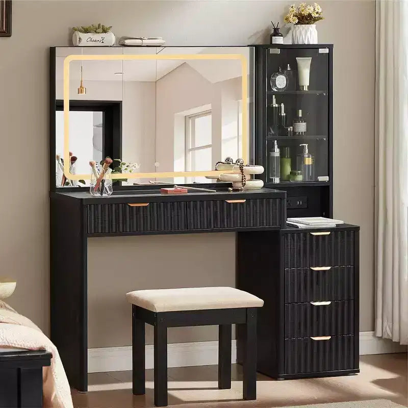 BALHAM TRADE-43.5'' Fluted Wood Makeup Vanity Set with Mirror Lights Stool 6 Drawers Adjustable