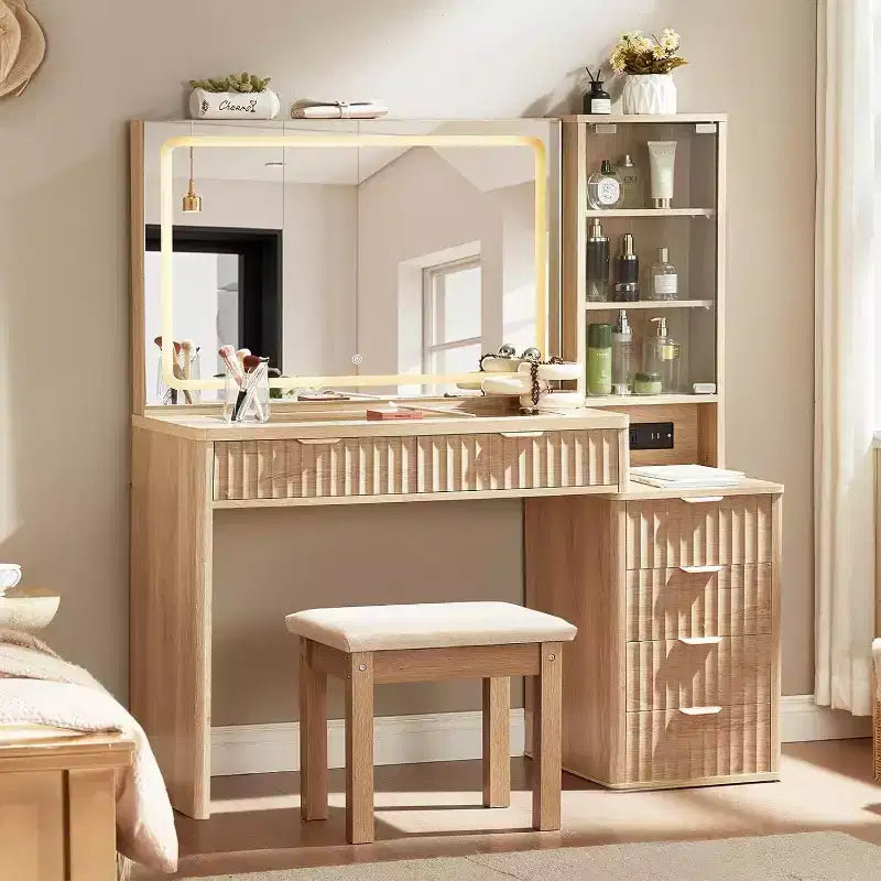 BALHAM TRADE-43.5'' Fluted Wood Makeup Vanity Set with Mirror Lights Stool 6 Drawers Adjustable