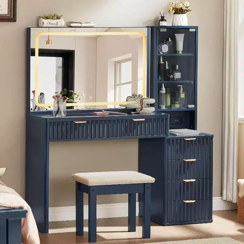BALHAM TRADE-43.5'' Fluted Wood Makeup Vanity Set with Mirror Lights Stool 6 Drawers Adjustable
