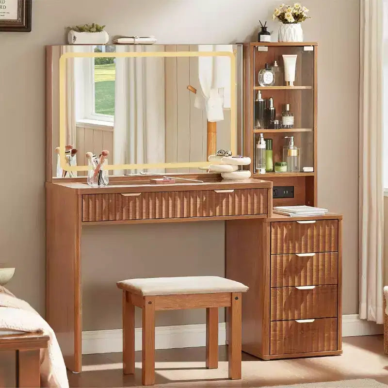 BALHAM TRADE-43.5'' Fluted Wood Makeup Vanity Set with Mirror Lights Stool 6 Drawers Adjustable