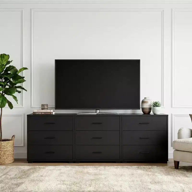 Besiost TV Stands with 3-Drawers, Dresser with Food Pads, Nightstand, Black