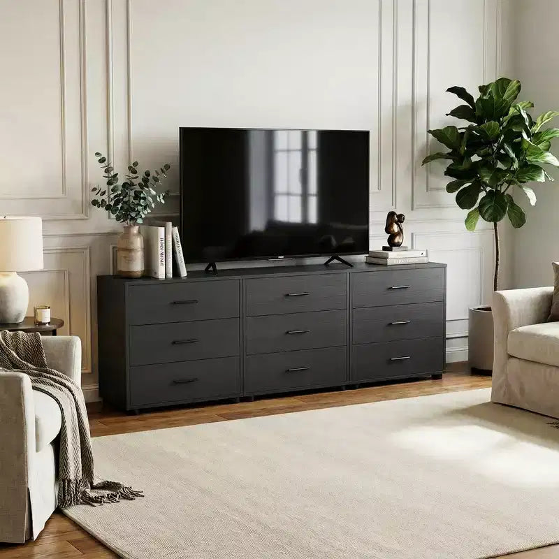 Besiost TV Stands with 3-Drawers, Dresser with Food Pads, Nightstand, Black