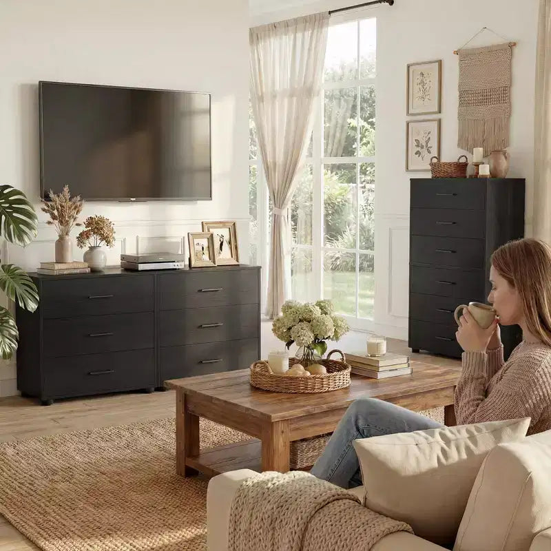 Besiost TV Stands with 3-Drawers, Dresser with Food Pads, Nightstand, Black