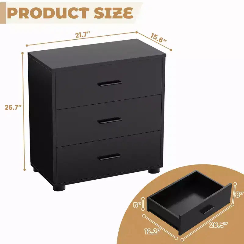 Besiost TV Stands with 3-Drawers, Dresser with Food Pads, Nightstand, Black