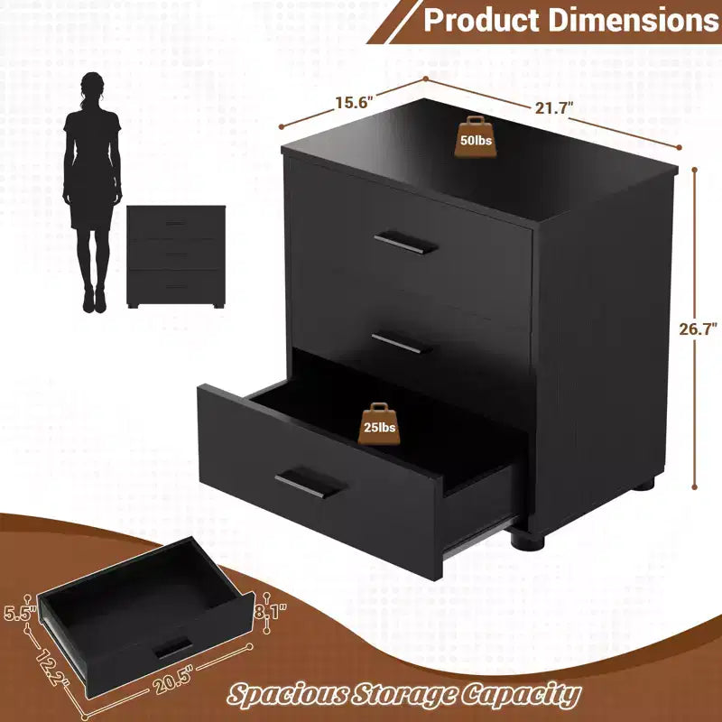 Besiost TV Stands with 3-Drawers, Dresser with Food Pads, Nightstand, Black