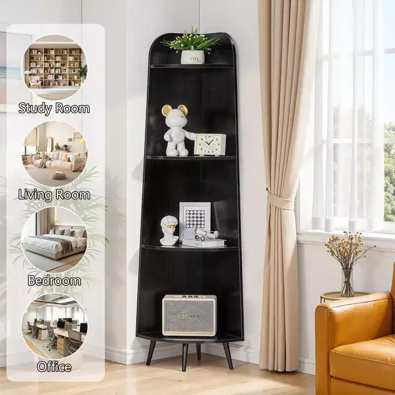 VECELO 4/5-Tier Modern Corner Shelf, Open Storage Display Stand for Living Room, Bedroom, Home Office, Space-Saving Corner Unit