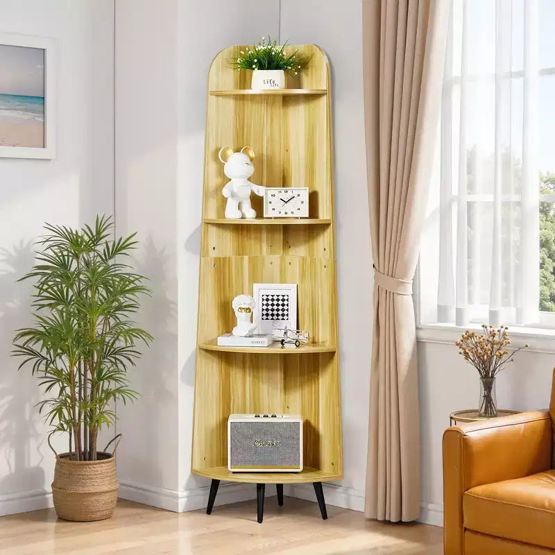 VECELO 4/5-Tier Modern Corner Shelf, Open Storage Display Stand for Living Room, Bedroom, Home Office, Space-Saving Corner Unit