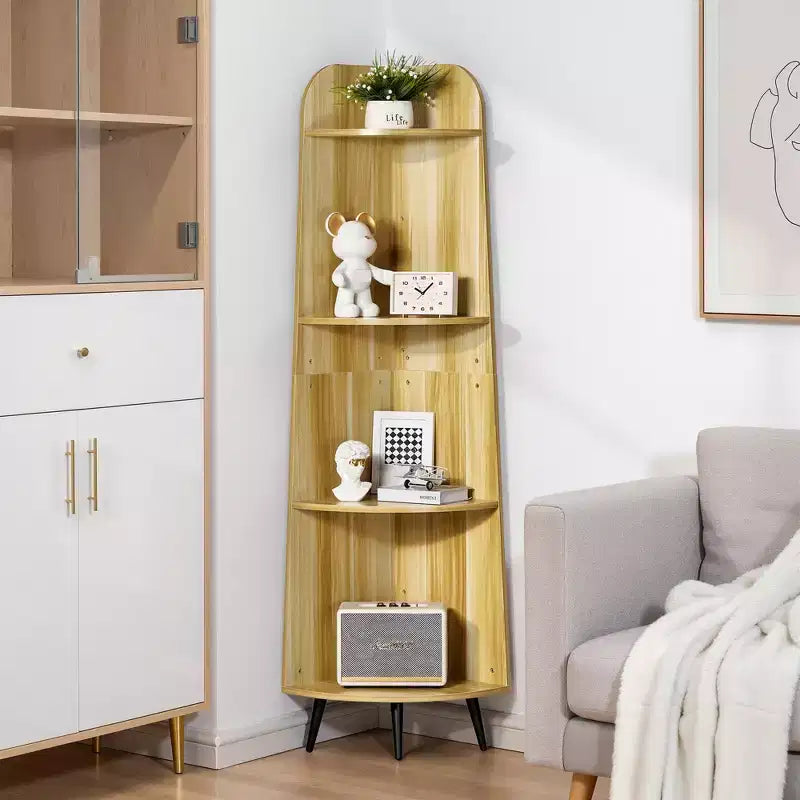 VECELO 4/5-Tier Modern Corner Shelf, Open Storage Display Stand for Living Room, Bedroom, Home Office, Space-Saving Corner Unit