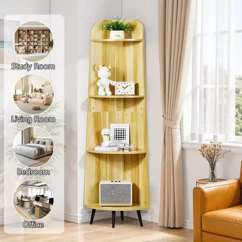 VECELO 4/5-Tier Modern Corner Shelf, Open Storage Display Stand for Living Room, Bedroom, Home Office, Space-Saving Corner Unit