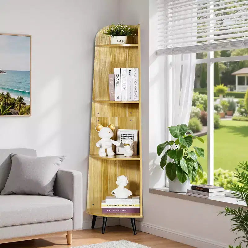 VECELO 4/5-Tier Modern Corner Shelf, Open Storage Display Stand for Living Room, Bedroom, Home Office, Space-Saving Corner Unit