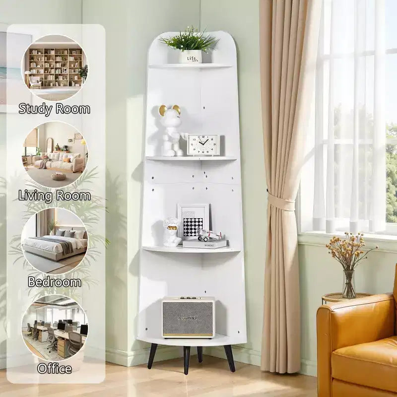VECELO 4/5-Tier Modern Corner Shelf, Open Storage Display Stand for Living Room, Bedroom, Home Office, Space-Saving Corner Unit