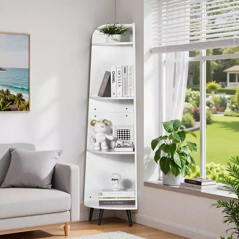 VECELO 4/5-Tier Modern Corner Shelf, Open Storage Display Stand for Living Room, Bedroom, Home Office, Space-Saving Corner Unit