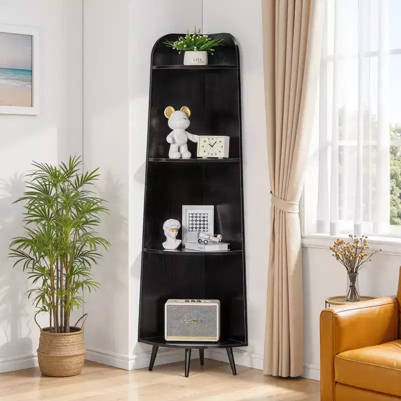 VECELO 4/5-Tier Modern Corner Shelf, Open Storage Display Stand for Living Room, Bedroom, Home Office, Space-Saving Corner Unit