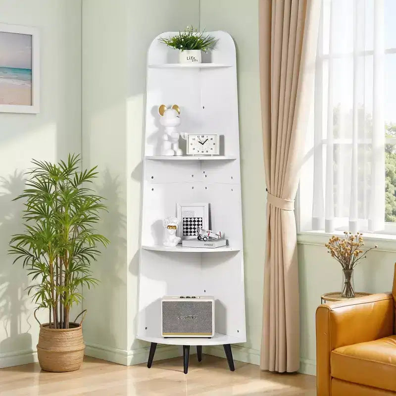 VECELO 4/5-Tier Modern Corner Shelf, Open Storage Display Stand for Living Room, Bedroom, Home Office, Space-Saving Corner Unit
