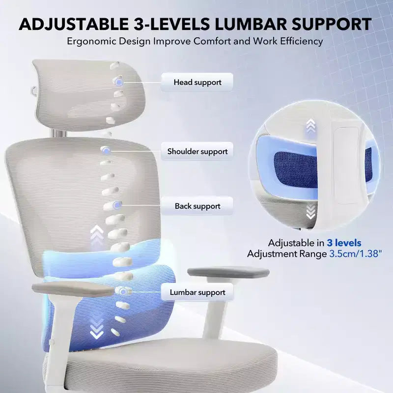 Ergonomic Mesh Office Chair, Headrest, Lumbar Support, Rolling Swivel Computer Desk Chair, for Home, Office