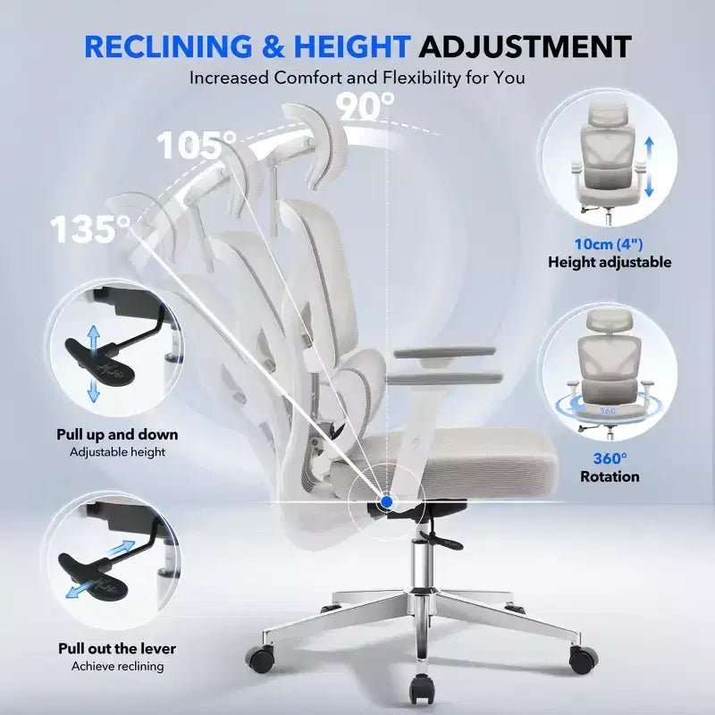 Ergonomic Mesh Office Chair, Headrest, Lumbar Support, Rolling Swivel Computer Desk Chair, for Home, Office