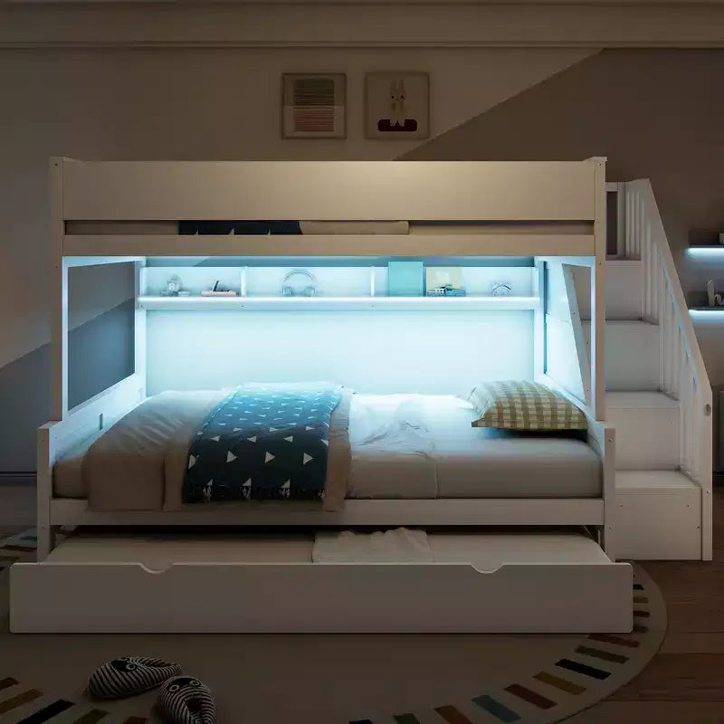 GDFStudio Morris Full XL over Queen Bunk Bed with Storage Shelves and Staircase, Trundle and LED Light