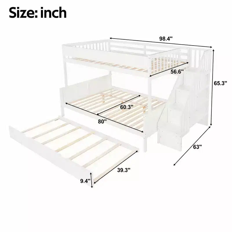 GDFStudio Morris Full XL over Queen Bunk Bed with Storage Shelves and Staircase, Trundle and LED Light