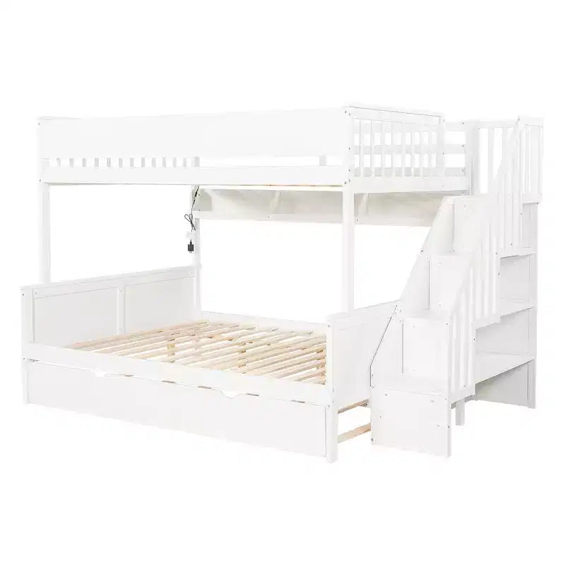GDFStudio Morris Full XL over Queen Bunk Bed with Storage Shelves and Staircase, Trundle and LED Light