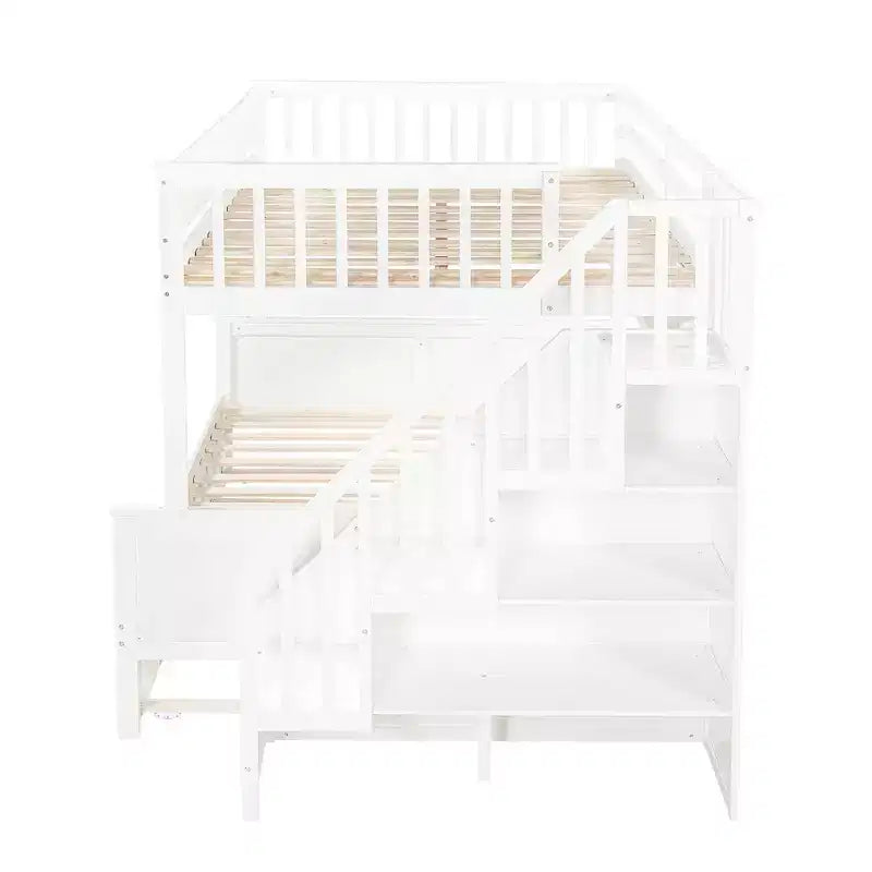 GDFStudio Morris Full XL over Queen Bunk Bed with Storage Shelves and Staircase, Trundle and LED Light