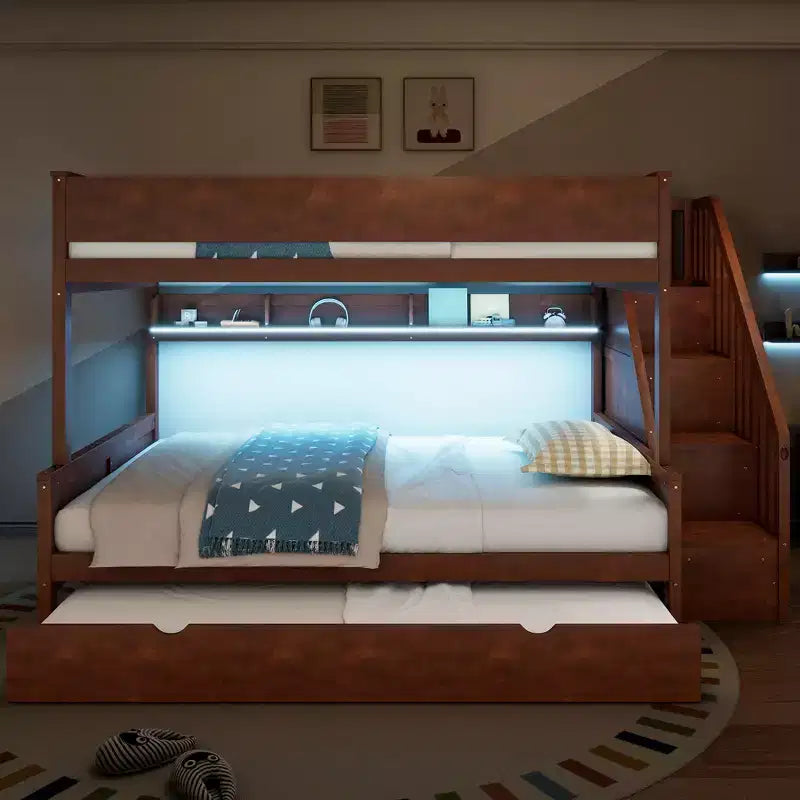 GDFStudio Morris Full XL over Queen Bunk Bed with Storage Shelves and Staircase, Trundle and LED Light