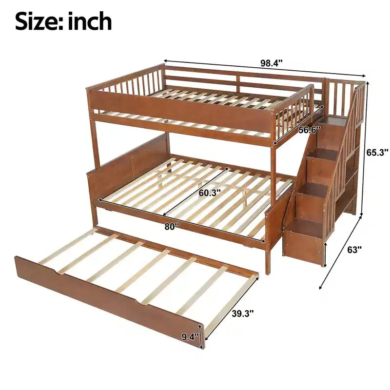 GDFStudio Morris Full XL over Queen Bunk Bed with Storage Shelves and Staircase, Trundle and LED Light