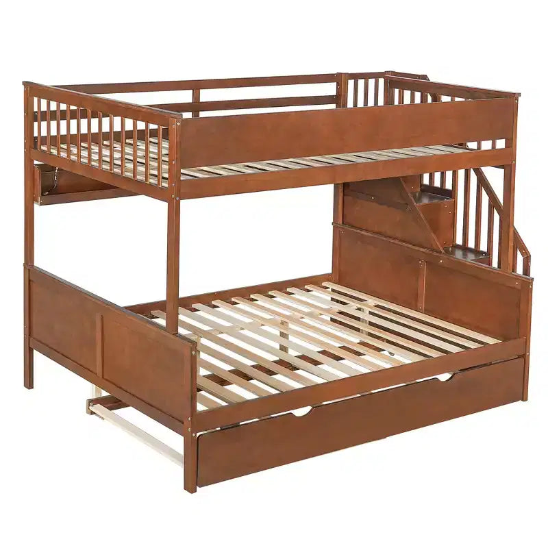 GDFStudio Morris Full XL over Queen Bunk Bed with Storage Shelves and Staircase, Trundle and LED Light