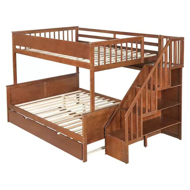 GDFStudio Morris Full XL over Queen Bunk Bed with Storage Shelves and Staircase, Trundle and LED Light