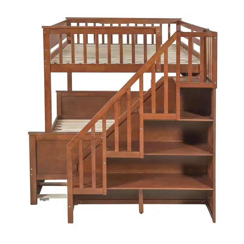 GDFStudio Morris Full XL over Queen Bunk Bed with Storage Shelves and Staircase, Trundle and LED Light