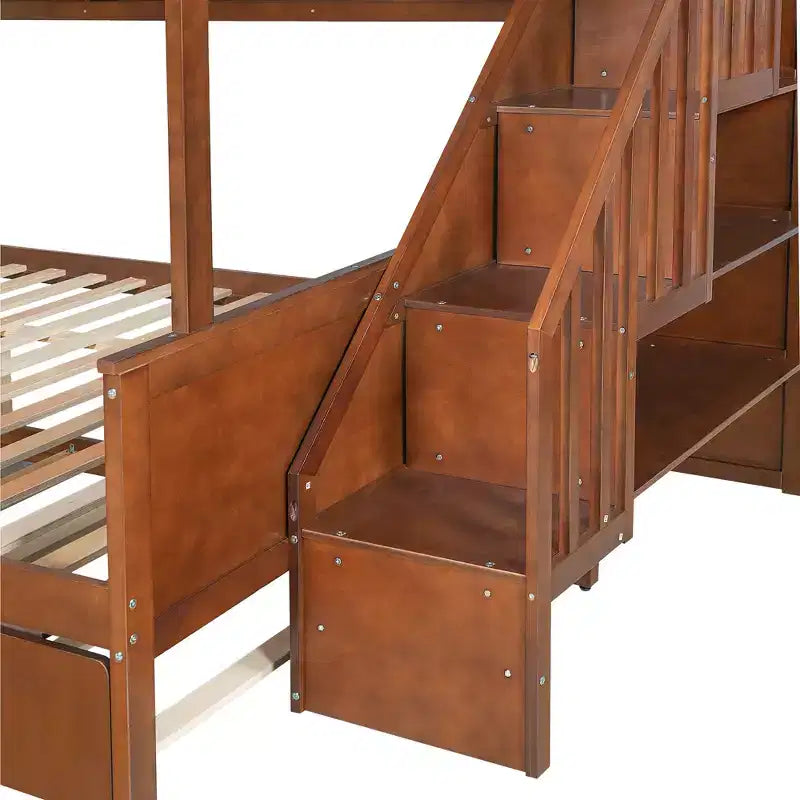 GDFStudio Morris Full XL over Queen Bunk Bed with Storage Shelves and Staircase, Trundle and LED Light