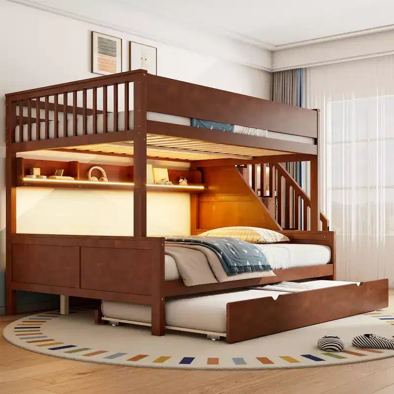 GDFStudio Morris Full XL over Queen Bunk Bed with Storage Shelves and Staircase, Trundle and LED Light