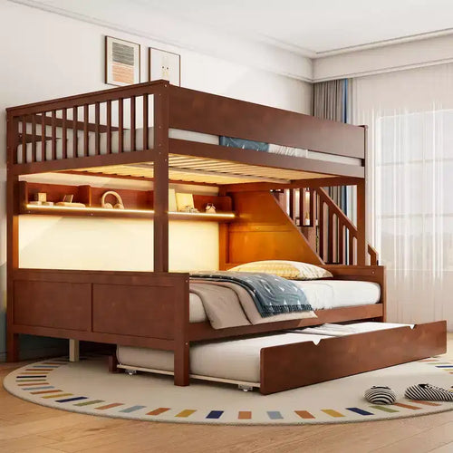 GDFStudio Morris Full XL over Queen Bunk Bed with Storage Shelves and Staircase, Trundle and LED Light