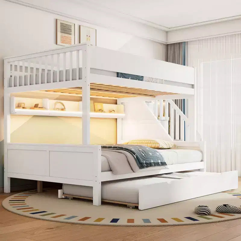 GDFStudio Morris Full XL over Queen Bunk Bed with Storage Shelves and Staircase, Trundle and LED Light