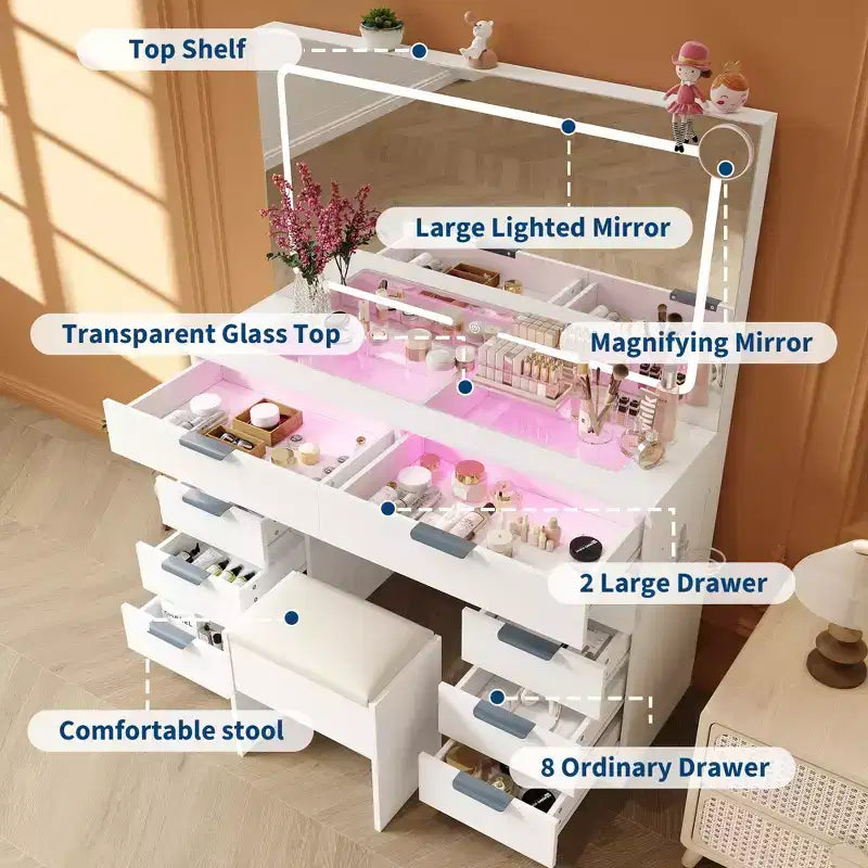 46 LED Vanity Desk with Mirror - Modern Makeup Dressing Table Set with Adjustable Lighting, Hairdryer Holder, 10 Drawers, Stool for Bedroom