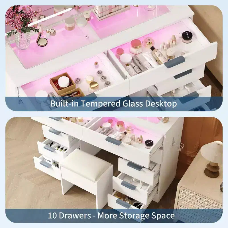 46 LED Vanity Desk with Mirror - Modern Makeup Dressing Table Set with Adjustable Lighting, Hairdryer Holder, 10 Drawers, Stool for Bedroom