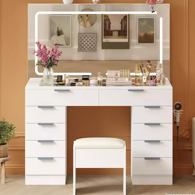 46 LED Vanity Desk with Mirror - Modern Makeup Dressing Table Set with Adjustable Lighting, Hairdryer Holder, 10 Drawers, Stool for Bedroom